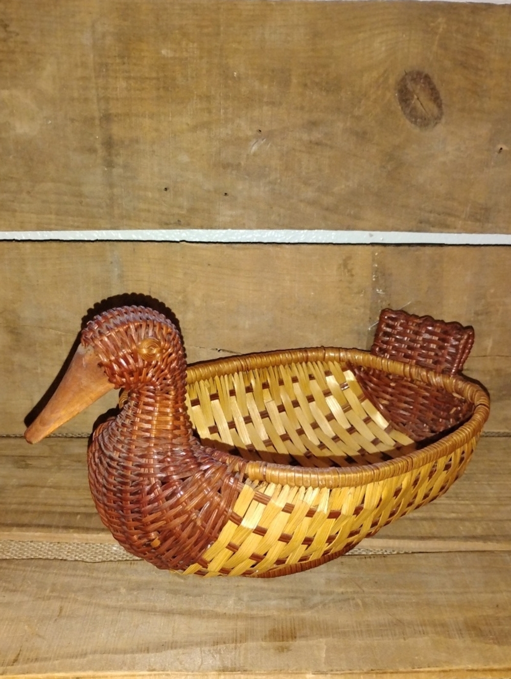 Vintage Woven Duck-Shaped Accent Basket 10.5 Inches Two Tone Color Cottagecore
